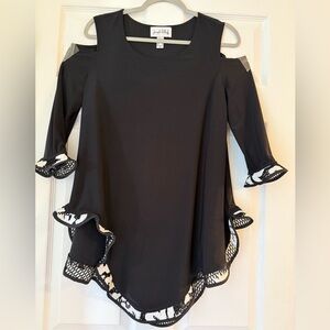 Joseph Ribkoff Cold Shoulder Tunic‎ Top Asymmetrical Hem Black White Trim Sz 6